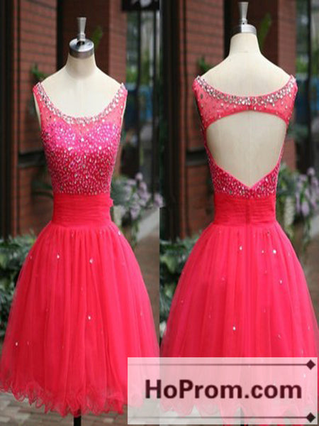 Backless Beaded Red Tulle Short Prom Dresses Homecoming Dresses