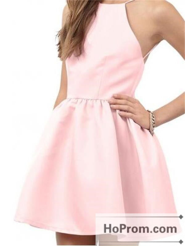 Open Back Pink Satin Prom Dresses Homecoming Dresses