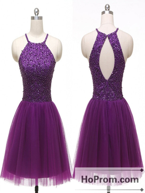 Purple Short Tulle Beading Prom Dresses Homecoming Dresses