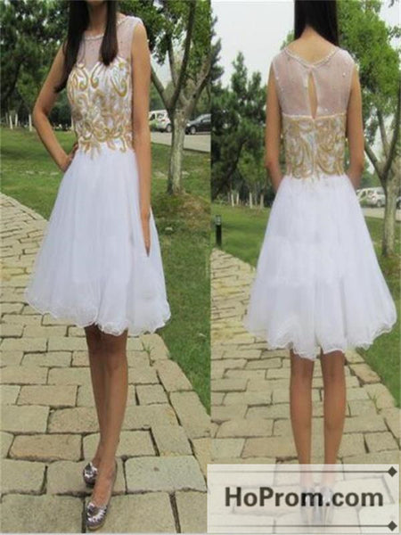 White Short Gold Applique  Prom Dresses Homecoming Dresses