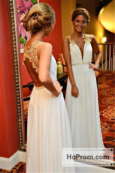 Sleeveless A-Line Beadings White Prom Dress Evening Dresses