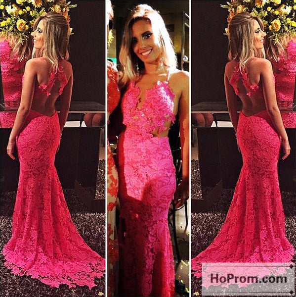 Backless Lace Hot Pink Long Prom Dress Evening Dresses