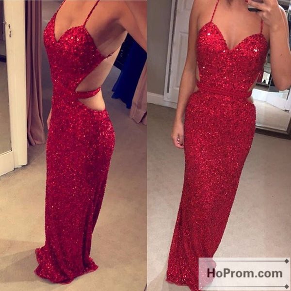 Backless Sequins Spaghetti Straps Prom Dress Evening Dresses