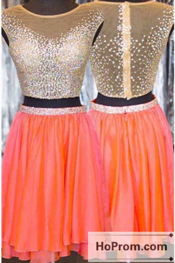 Two Piece Cap Sleeve Beaded Prom Dresses Homecoming Dresses