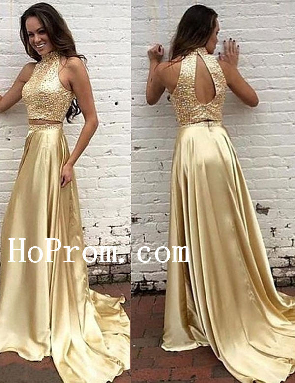 High Neck Gold Prom Dresses,Beading Prom Dress,Evening Dress