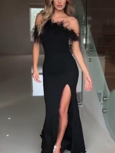 Strapless Black Feather High Slit Sexy Prom Dresses Formal Evening Dresses