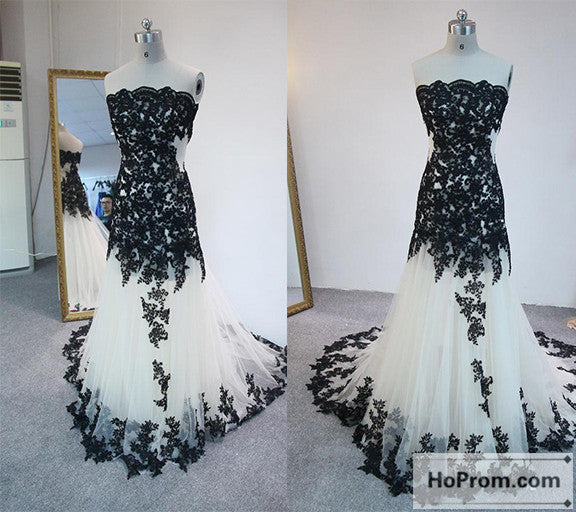 Strapless Black Applique Tulle Prom Dress Evening Dresses