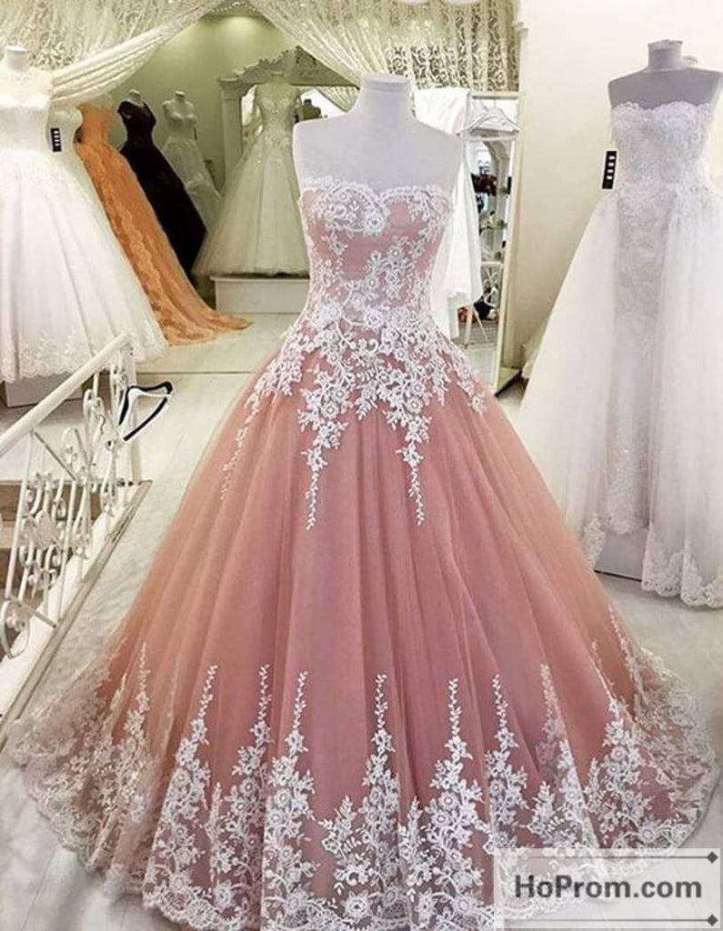 Strapless Pearl Pink Lace Prom Dress Evening Dresses