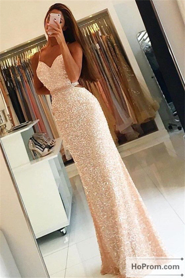 Straps Sequins Long Open Back Prom Dress Evening Dresses