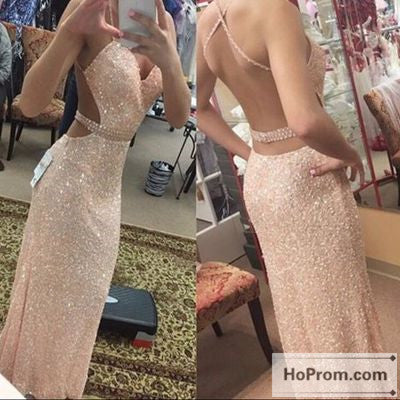Straps Sequins Long Open Back Prom Dress Evening Dresses