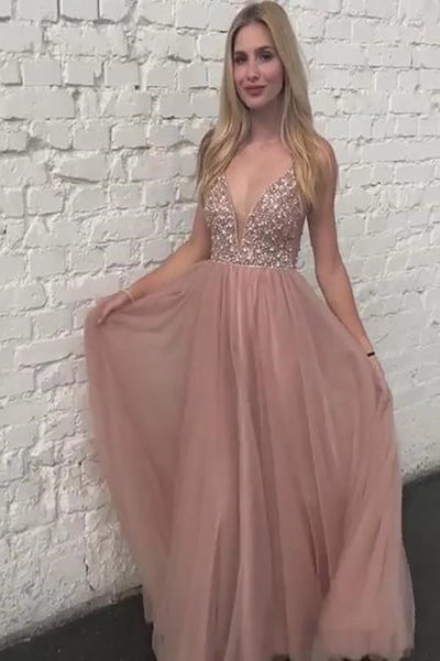 Stunning Tulle Rose Sexy Prom Dresses Backless Evening Formal Dress