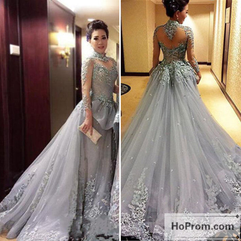 Tulle Long-Sleeves High-Neck Prom Dress Evening Dresses