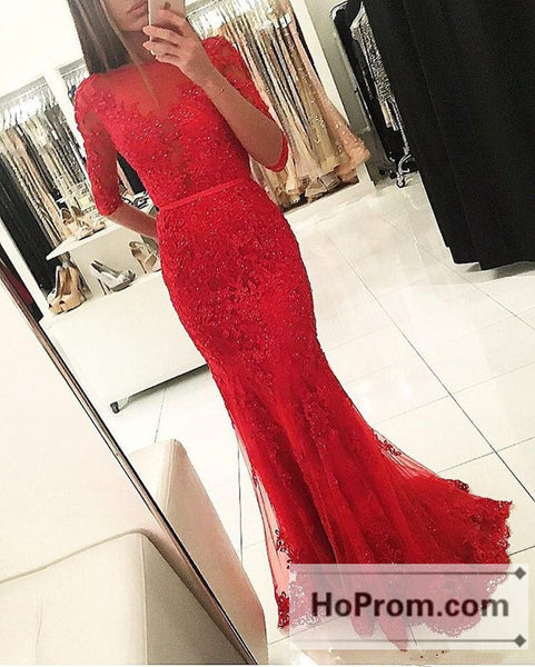 Tulle Red Mermaid Half-Sleeves Prom Dresses Evening Dress