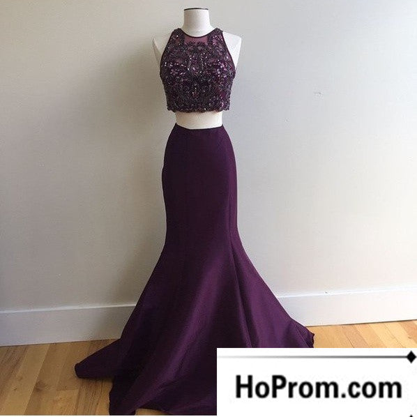 Mermaid Beaded Purple Two Piece Prom Dresses Evening Dress