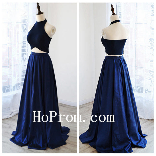 Black Blue Prom Dresses,Halter Long Prom Dress,Evening Dress