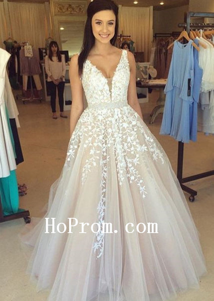 V-Neck Prom Dresses,Whte Applique Prom Dress,Evening Dress