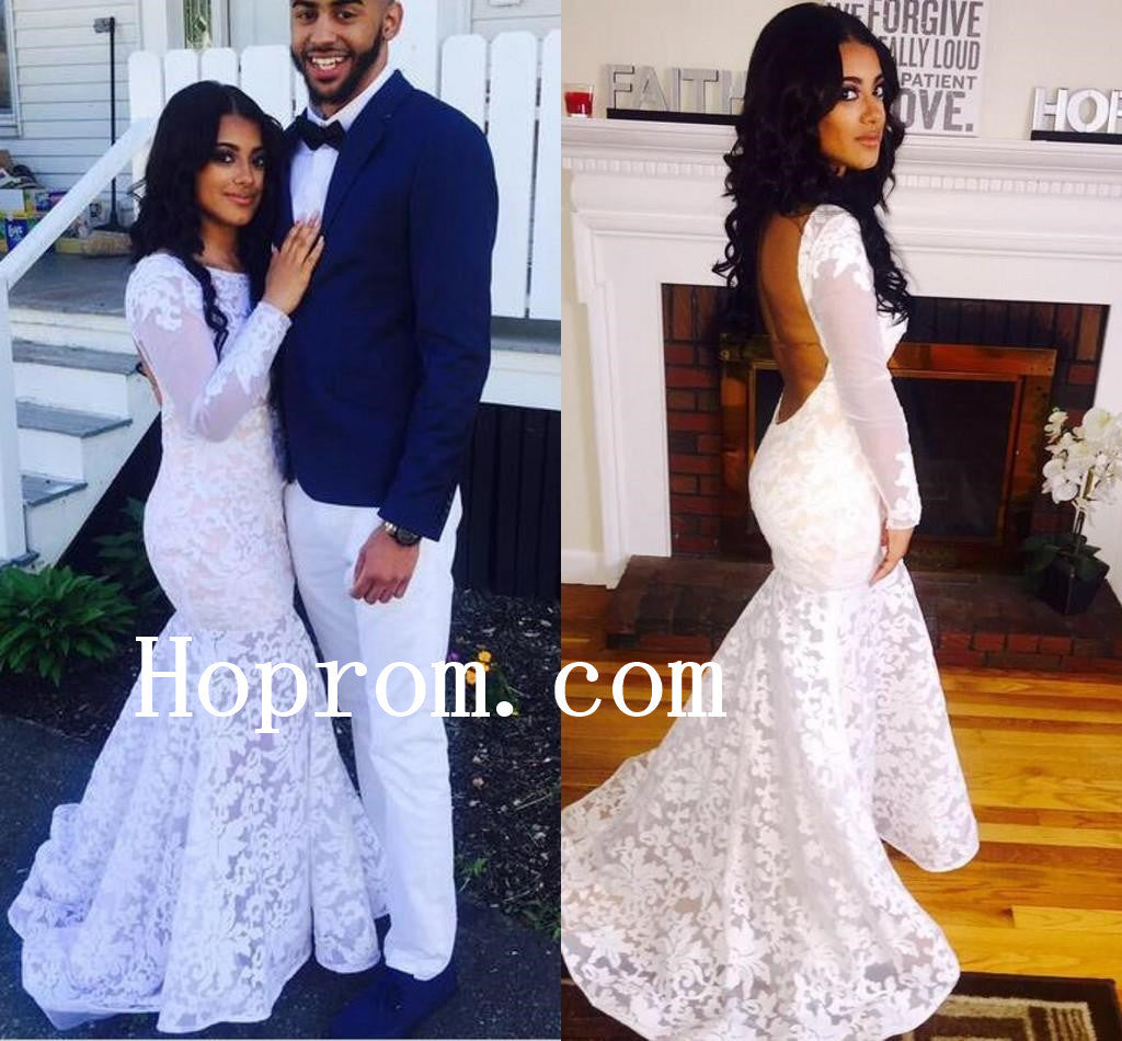 Long Sleeve Prom Dresses,White Lace Prom Dress,Evening Dress