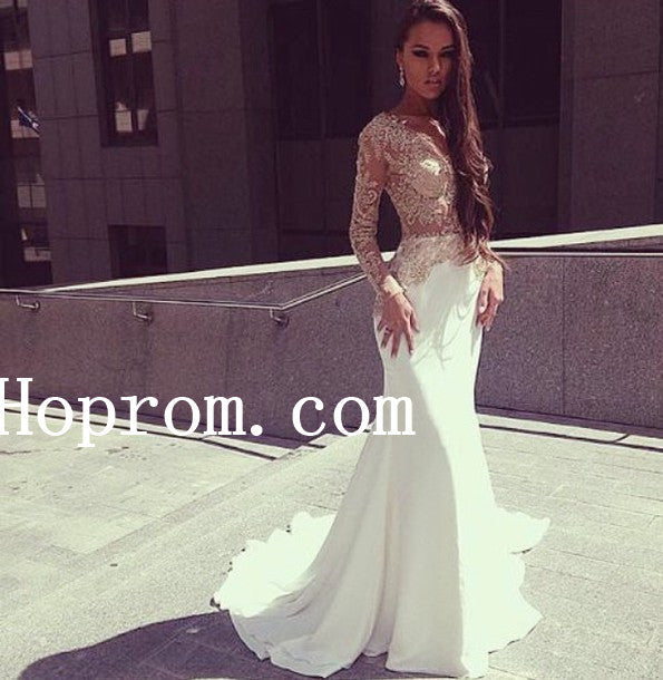 White Applique Prom Dresses,Long Sleeve Prom Dress,Evening Dress