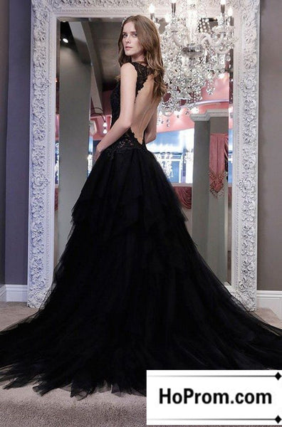 A-Line Black Backless Floor Length Prom Dress Evening Dresses
