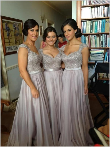 Lace Chiffon V-Neck Bridesmaid Dress,Sequins Cap Sleeves Bridesmaid Dress