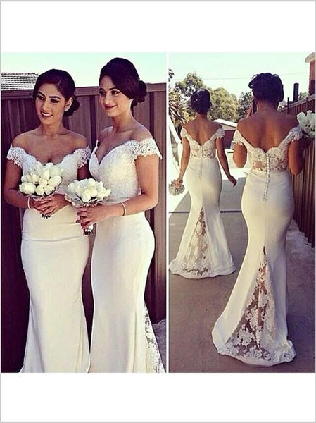 Lace Off Shoulder Bridesmaid Dresses,Short Sleeveless Backless Satin Bridesmaid Dresses