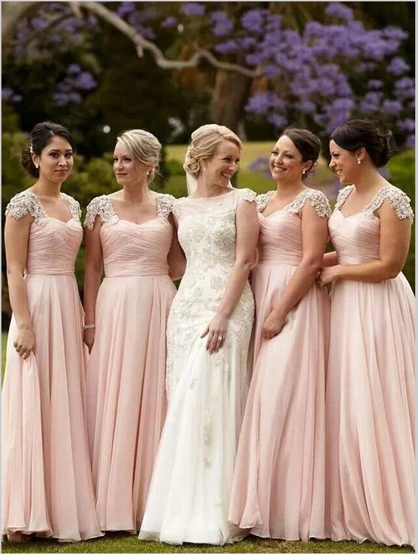 Short Sleeves Floor Length Bridesmaid Dresses With Beading And Chiffon