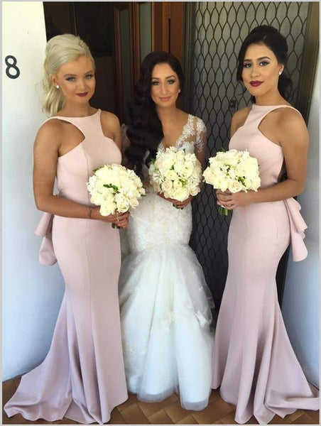 Mermaid Halter Train Satin Bridesmaid Dresses with  Pleated