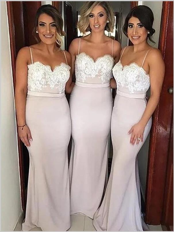 Lace spaghetti straps Bridesmaid Dresses,Floor Length Satin Bridesmaid Dresses