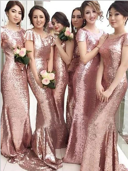Sheath Short Sleeves Backless Bridesmaid Dresses With Sequins Scoop Train