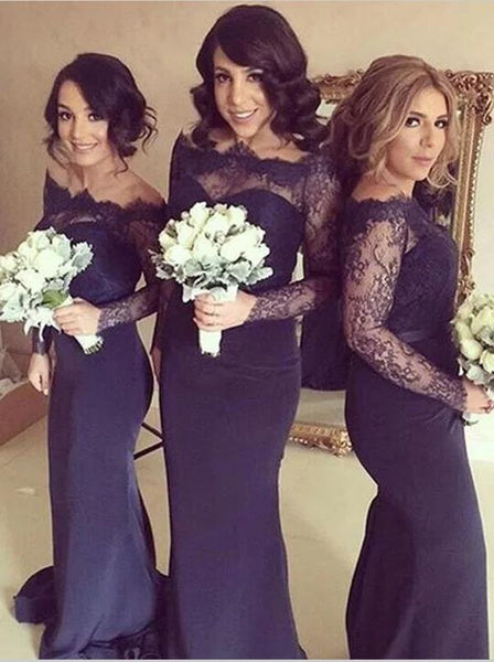 Lace Off Shoulder Bridesmaid Dresses,Long Sleeves Satin Train Bridesmaid Dresses