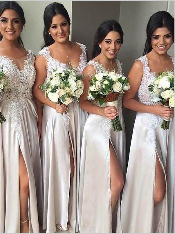 Sheath V-neck Floor Length Bridesmaid Dresses with split