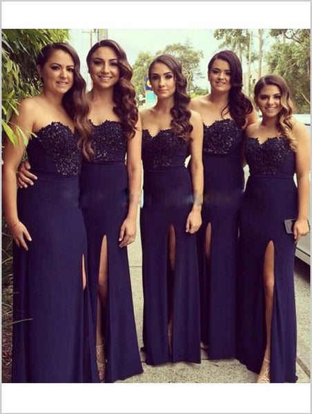 Lace Chiffon Strapless Floor Length Bridesmaid Dresses With Split