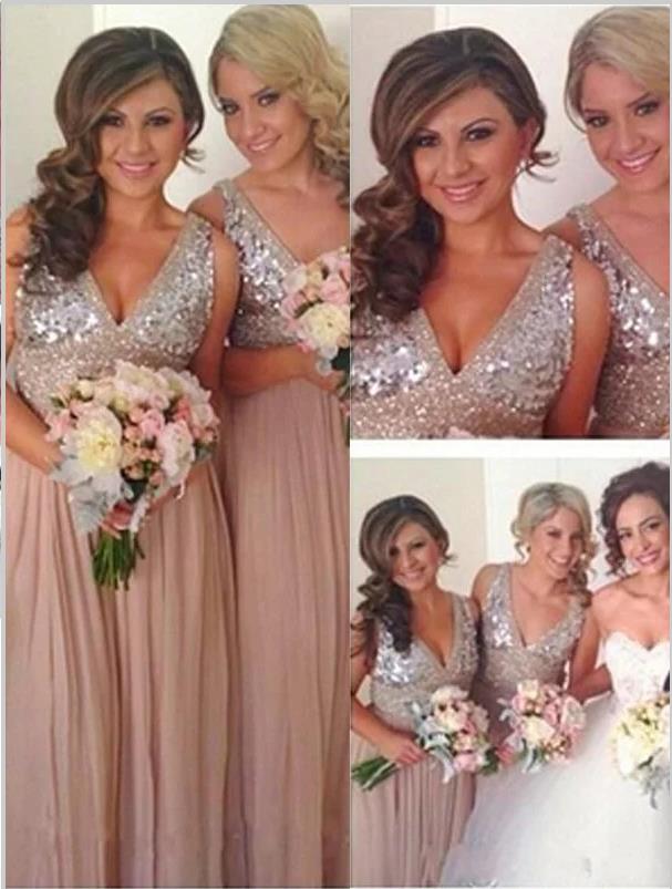 Chiffon V-neck Floor Length Bridesmaid Dresses With Sequin  Hoprom