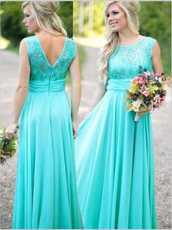 Lace Chiffon Princess Scoop Bridesmaid Dresses For Floor Length