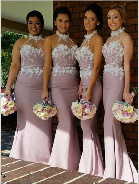 Mermaid Halter Sleeveless Satin Bridesmaid Dresses Floor Length