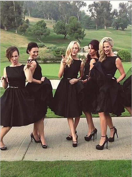 Black Knee Length Satin Bridesmaid Dresses