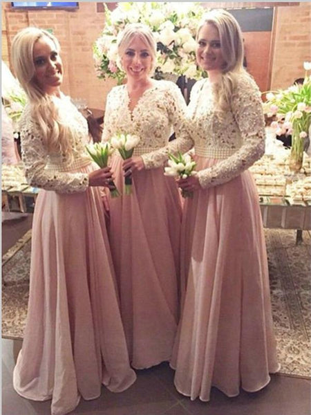 Lace Chiffon Long Sleeves V-neck Bridesmaid Dresses Floor Length