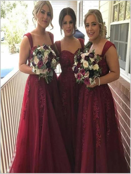 Princess Straps Applique Bridesmaid Dresses Floor Length With Tulle