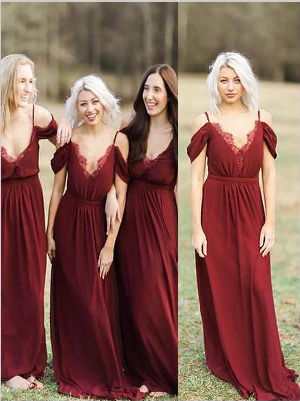 Lace Chiffon Spaghetti Straps Sleeveless Bridesmaid Dresses Floor Length