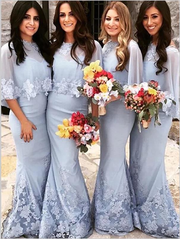 fitted lace wedding dress Mermaid Satin Short Sleeves Bridesmaid Dresses Floor Length – Hoprom