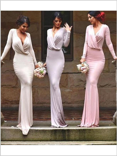 Sheath V-neck Long Sleeve Bridesmaid Dresses Floor Length