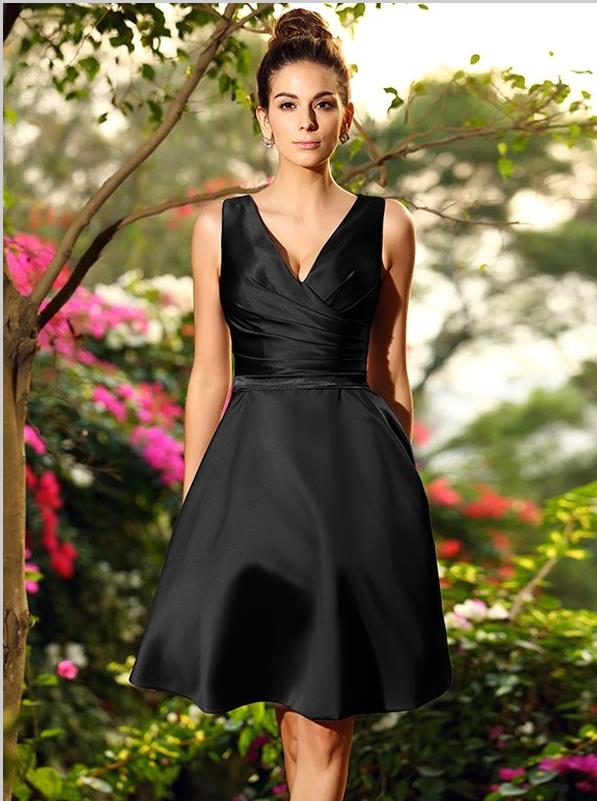 Princess V-neck Short Satin Bridesmaid Dresses,Ruched Sleeveless Bride – Hoprom