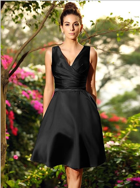 Princess V-neck Short Satin Bridesmaid Dresses,Ruched Sleeveless Bridesmaid Dresses