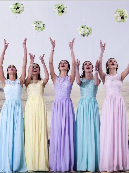 Princess Lace Chiffon Scoop Bridesmaid Dresses Floor Length