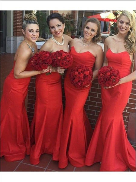 Mermaid Sweetheart Strapless Bridesmaid Dresses,Brush Train Satin Bridesmaid Dresses