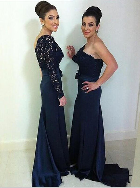 Mermaid Satin One Shoulder Long Sleeves Bridesmaid Dresses Floor Length