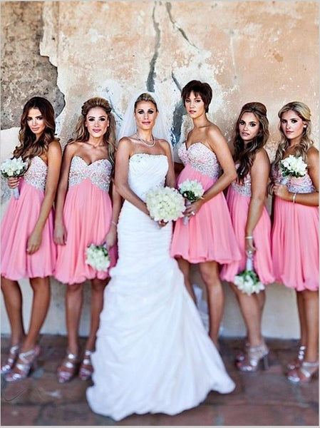 Princess Chiffon Strapless Short Bridesmaid Dresses With Beading