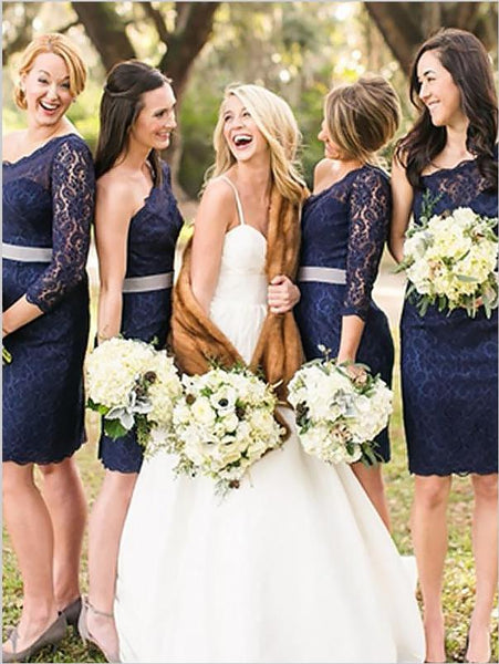 Sheath Lace One Shoulder Bridesmaid Dresses,Long Sleeves Short Bridesmaid Dresses