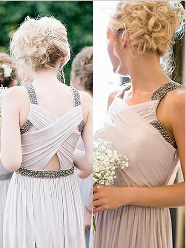 Princess Chiffon Straps Sleeveless Bridesmaid Dresses Floor Length Beading