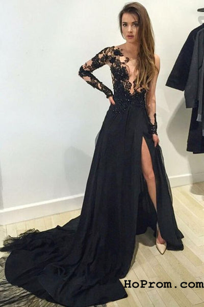 Long Sleeve Black Prom Dress Lace Prom Dresses Long Sleeve Evening Dress